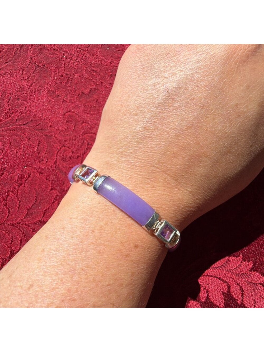 Vintage Sterling Silver Lavender Purple Jade Bezel Amethyst Bar Link Bracelet 8"